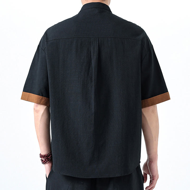 Buddha Stones Frühlingsfarbenkontrast Chinesisches Froschknopf-Design Herrenhemd aus Baumwolle und Leinen mit halben Ärmeln - image 35