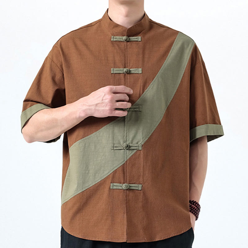 Buddha Stones Frühlingsfarbenkontrast Chinesisches Froschknopf-Design Herrenhemd aus Baumwolle und Leinen mit halben Ärmeln - image 20