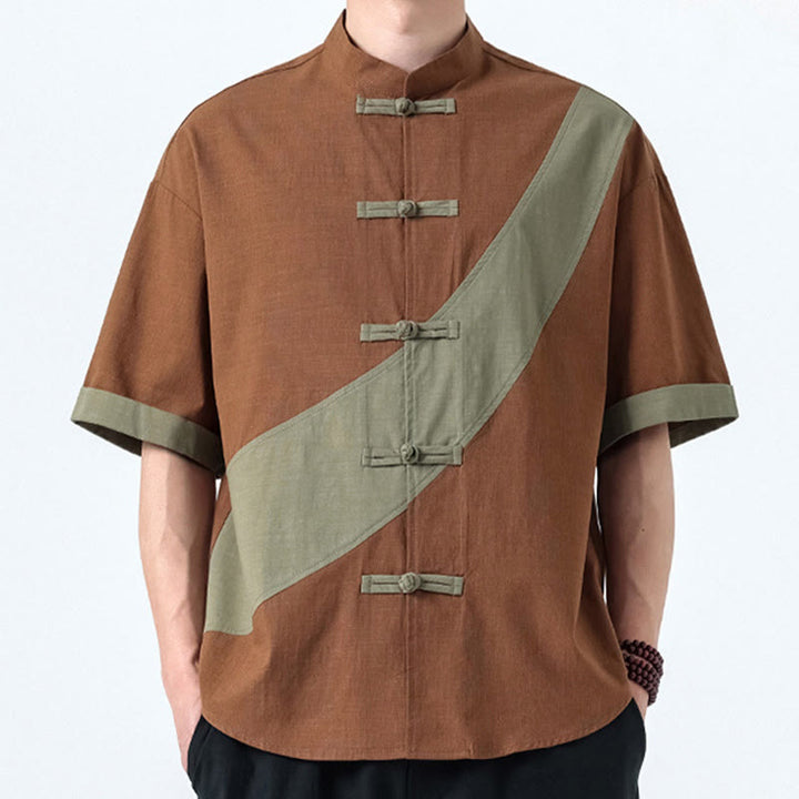 Buddha Stones Frühlingsfarbenkontrast Chinesisches Froschknopf-Design Herrenhemd aus Baumwolle und Leinen mit halben Ärmeln - image 23