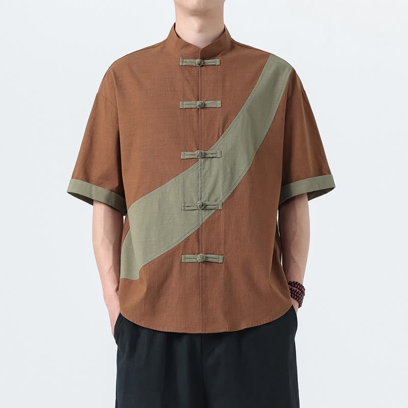 Buddha Stones Frühlingsfarbenkontrast Chinesisches Froschknopf-Design Herrenhemd aus Baumwolle und Leinen mit halben Ärmeln - image 26