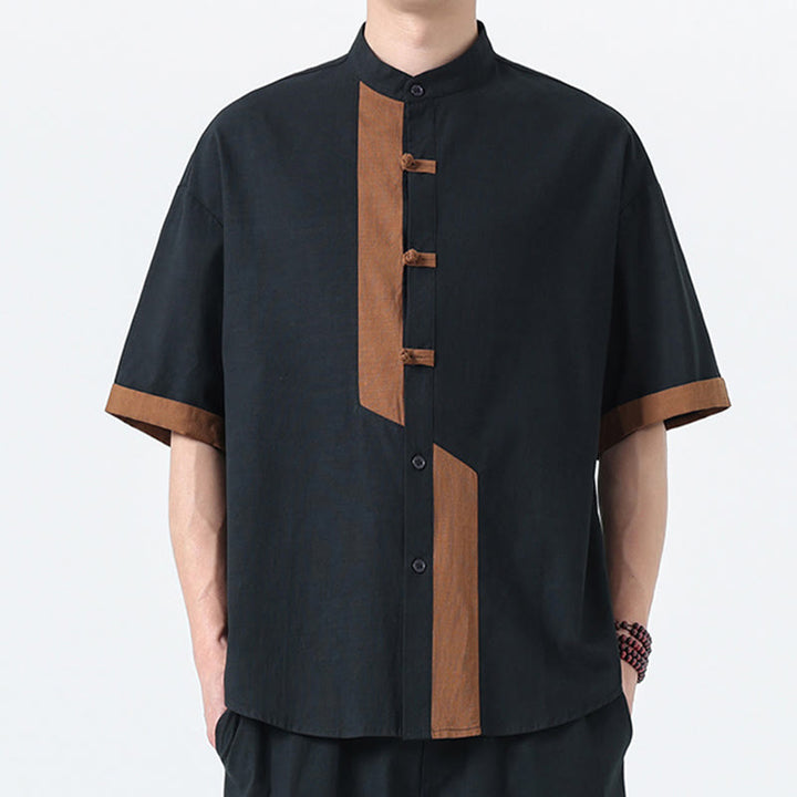 Buddha Stones Lässiges, farblich passendes chinesisches Tang-Anzug-Hemd aus Baumwolle und Leinen mit halben Ärmeln - Schwarz mit Peru - US/ UK/AU46, EU56 (5XL) - image 0
