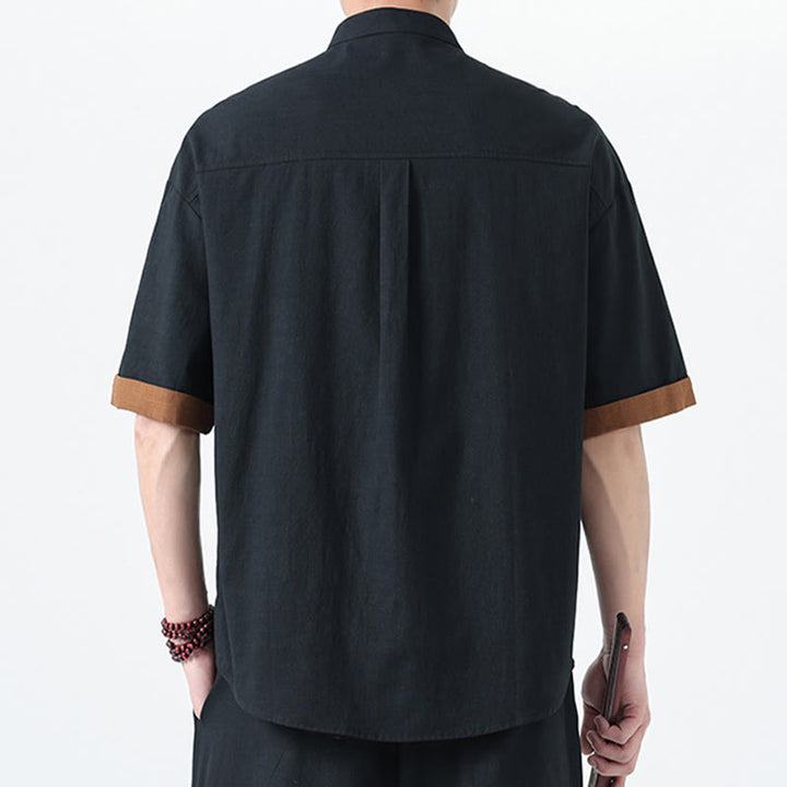 Buddha Stones Lässiges, farblich passendes chinesisches Tang-Anzug-Hemd aus Baumwolle und Leinen mit halben Ärmeln - image 2