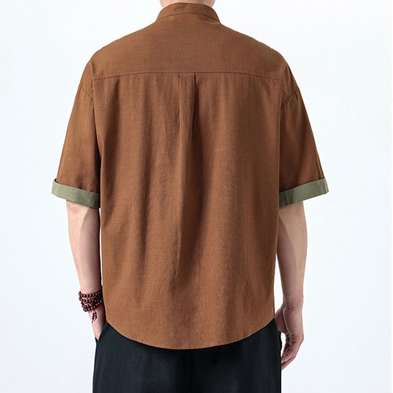 Buddha Stones Lässiges, farblich passendes chinesisches Tang-Anzug-Hemd aus Baumwolle und Leinen mit halben Ärmeln - image 16