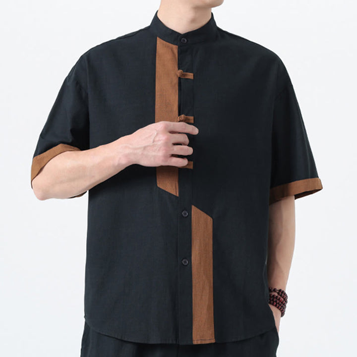 Buddha Stones Lässiges, farblich passendes chinesisches Tang-Anzug-Hemd aus Baumwolle und Leinen mit halben Ärmeln - image 4