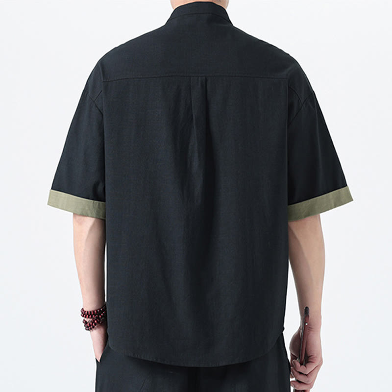 Buddha Stones Lässiges, farblich passendes chinesisches Tang-Anzug-Hemd aus Baumwolle und Leinen mit halben Ärmeln - image 24