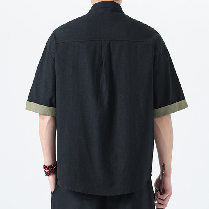 Buddha Stones Lässiges, farblich passendes chinesisches Tang-Anzug-Hemd aus Baumwolle und Leinen mit halben Ärmeln - image 24