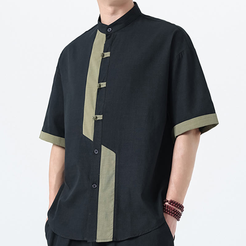 Buddha Stones Lässiges, farblich passendes chinesisches Tang-Anzug-Hemd aus Baumwolle und Leinen mit halben Ärmeln - image 21