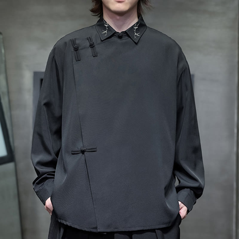 Buddha Stones Vintage Pure Color Chinesisches Frosch-Knopf-Design Stickerei Revers Herren Langarmhemd - Schwarz - US/ UK/AU46, EU56 (5XL) - image 0