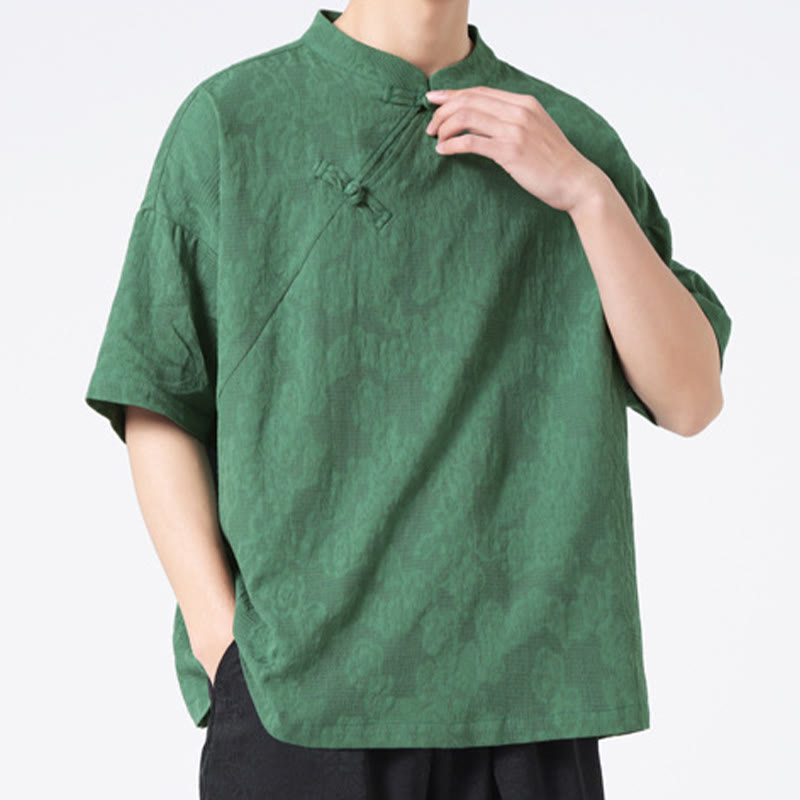 Buddha Stones Retro Pure Color Froschknopf-Design Jacquard-Blumenmuster Herren Kurzarmhemd aus Baumwolle und Leinen - Seegrün - US/ UK/AU46，EU56 (5XL) - image 0
