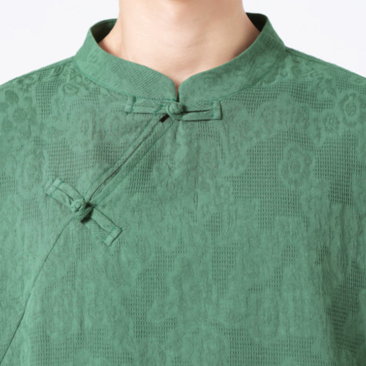 Buddha Stones Retro Pure Color Froschknopf-Design Jacquard-Blumenmuster Herren Kurzarmhemd aus Baumwolle und Leinen - image 8