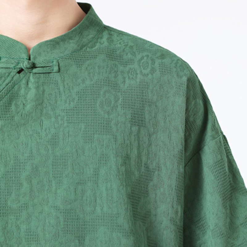 Buddha Stones Retro Pure Color Froschknopf-Design Jacquard-Blumenmuster Herren Kurzarmhemd aus Baumwolle und Leinen - image 9