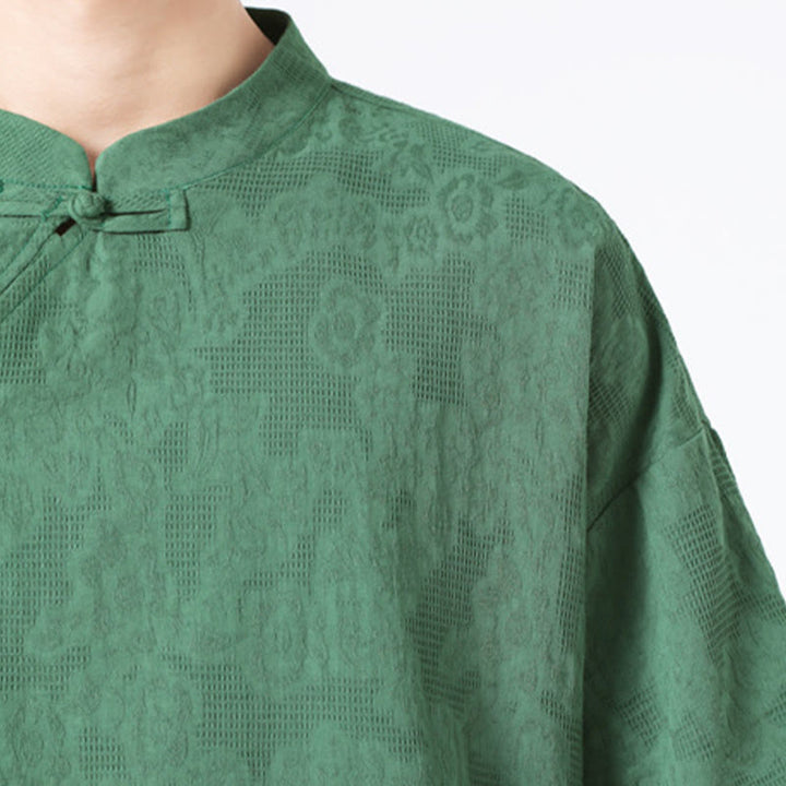 Buddha Stones Retro Pure Color Froschknopf-Design Jacquard-Blumenmuster Herren Kurzarmhemd aus Baumwolle und Leinen - image 9