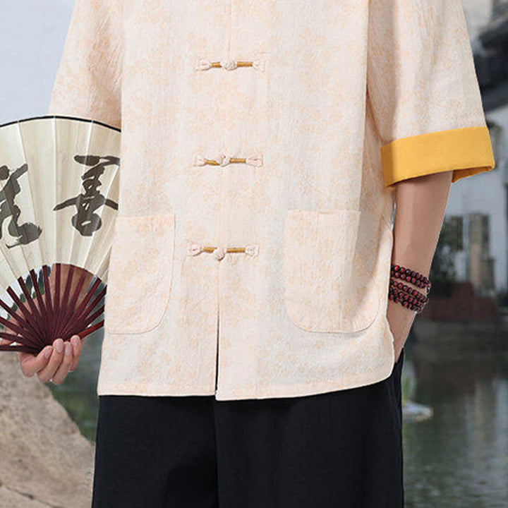 Buddha Stones Retro-Druck Blumenmuster Froschknopf-Design Stehkragen Herren Halbarm Baumwollhemd mit Taschen - image 16