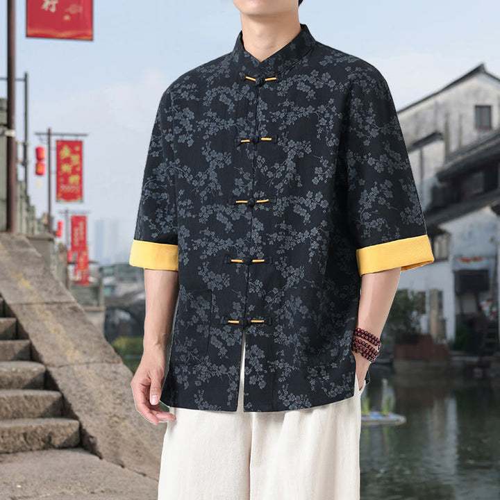 Buddha Stones Retro-Druck Blumenmuster Froschknopf-Design Stehkragen Herren Halbarm Baumwollhemd mit Taschen - Schwarz - US/ UK/AU46,EU56 (5XL) - image 1