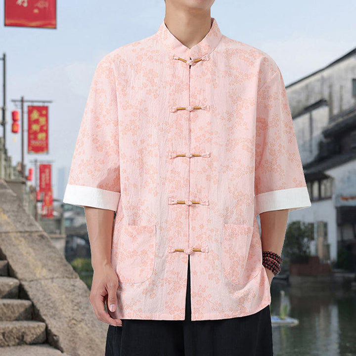 Buddha Stones Retro-Druck Blumenmuster Froschknopf-Design Stehkragen Herren Halbarm Baumwollhemd mit Taschen - Rosa - US/ UK/AU46,EU56 (5XL) - image 12