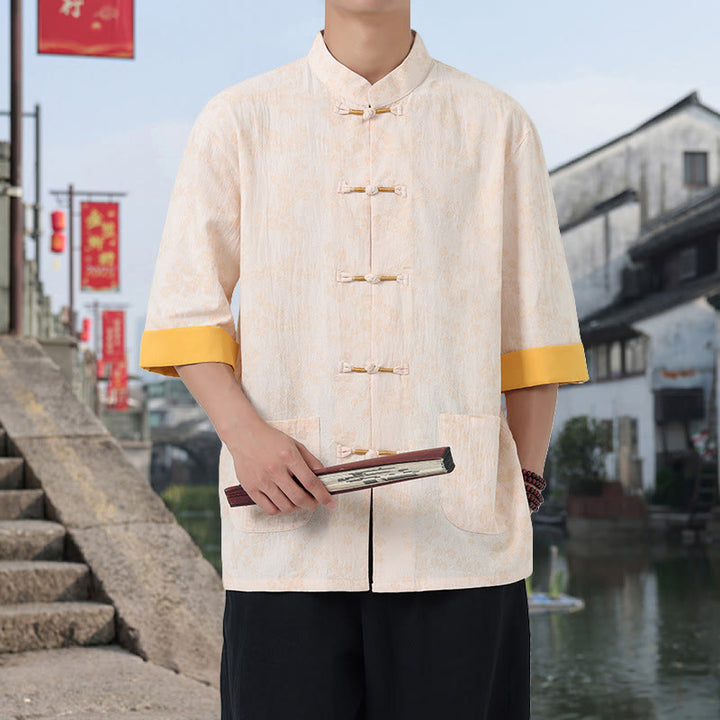 Buddha Stones Retro-Druck Blumenmuster Froschknopf-Design Stehkragen Herren Halbarm Baumwollhemd mit Taschen - PapayaPeitsche - US/ UK/AU46,EU56 (5XL) - image 15
