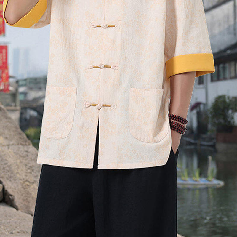 Buddha Stones Retro-Druck Blumenmuster Froschknopf-Design Stehkragen Herren Halbarm Baumwollhemd mit Taschen - image 17