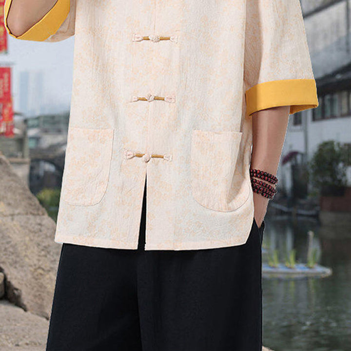 Buddha Stones Retro-Druck Blumenmuster Froschknopf-Design Stehkragen Herren Halbarm Baumwollhemd mit Taschen - image 17