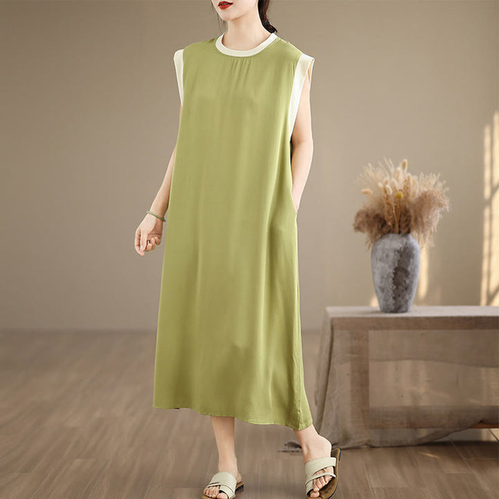 Buddha Stones – Ärmelloses Midikleid aus Baumwolle mit Schlitzdesign und Taschen in reiner Farbe - Gelbgrün - US12, UK/AU16, EU44 (2XL) - image 7