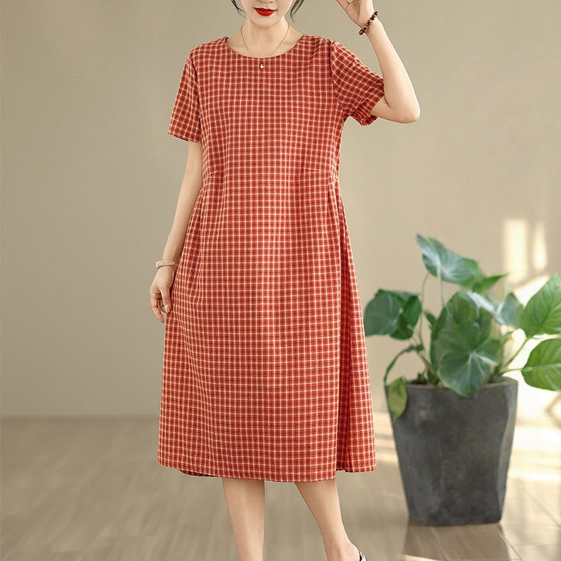 Buddha Stones Commute Plaid Pattern Einfaches Design Kurzarm-Midikleid aus Baumwolle und Leinen mit Taschen - image 2