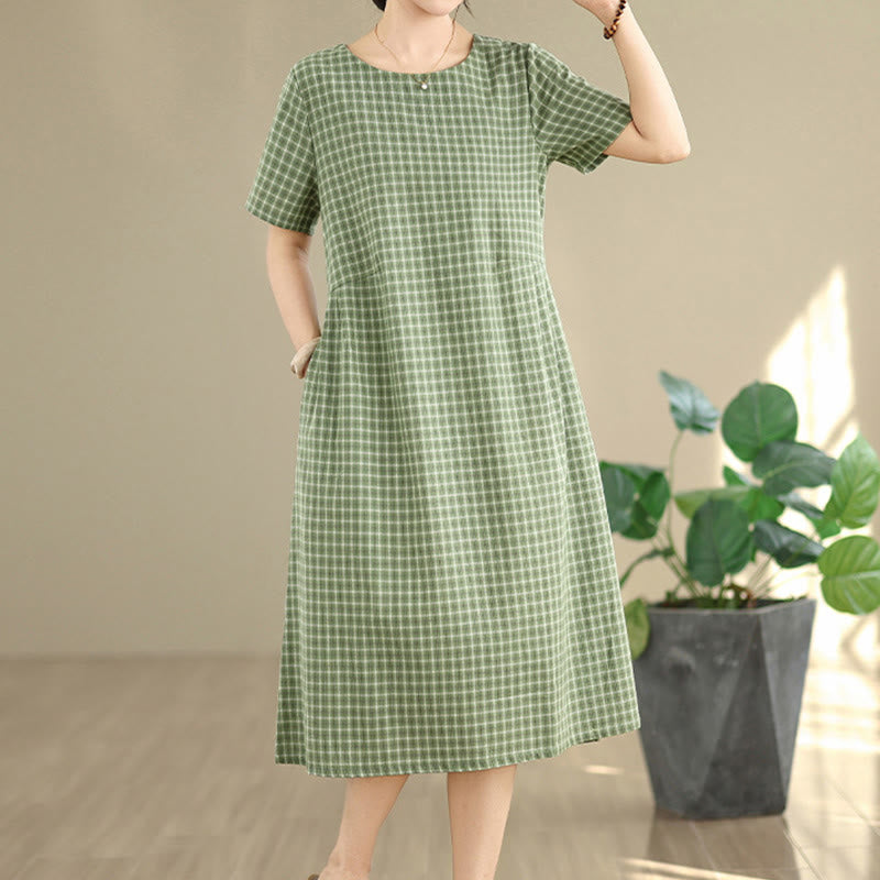 Buddha Stones Commute Plaid Pattern Einfaches Design Kurzarm-Midikleid aus Baumwolle und Leinen mit Taschen - image 17