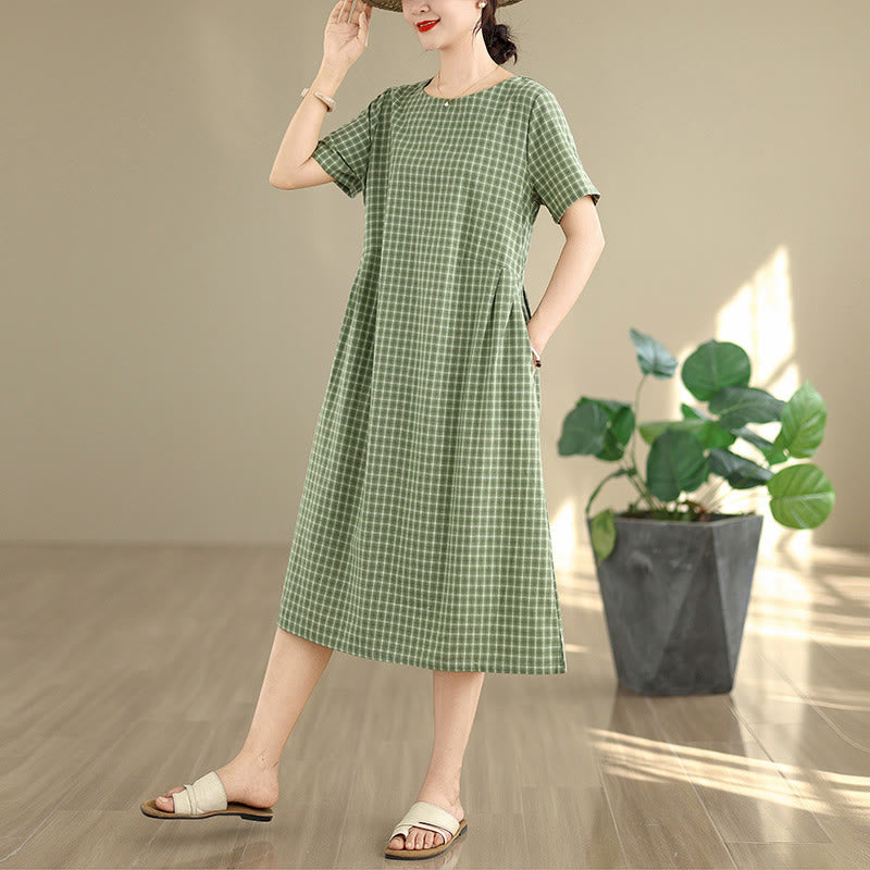 Buddha Stones Commute Plaid Pattern Einfaches Design Kurzarm-Midikleid aus Baumwolle und Leinen mit Taschen - image 14
