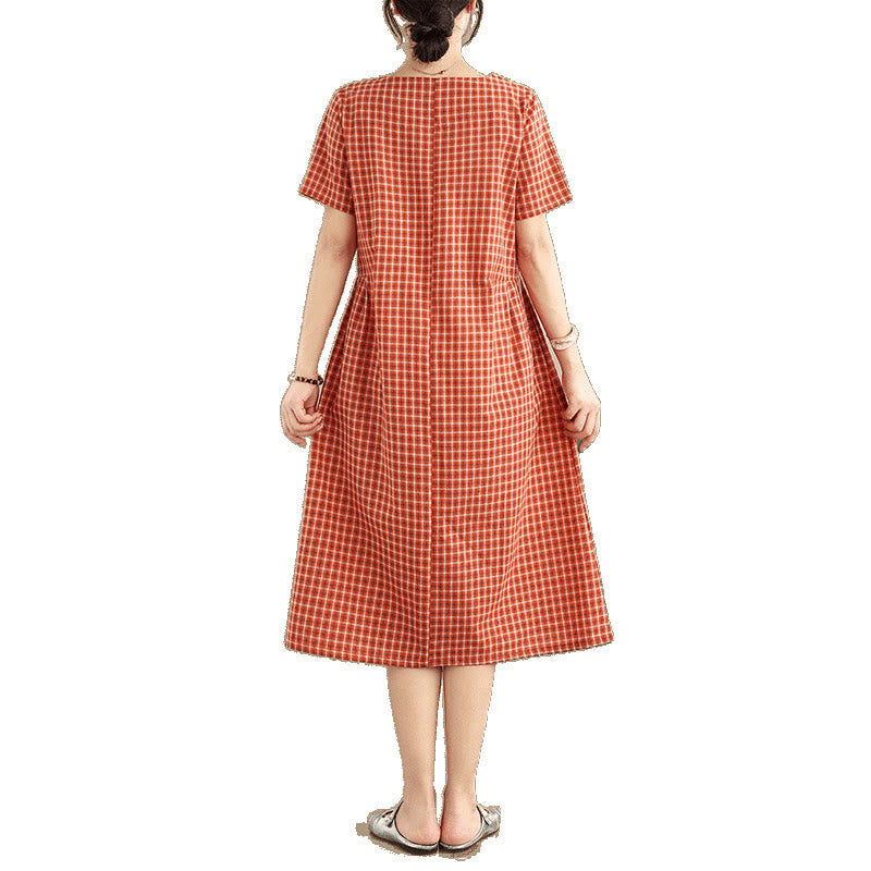 Buddha Stones Commute Plaid Pattern Einfaches Design Kurzarm-Midikleid aus Baumwolle und Leinen mit Taschen - image 6
