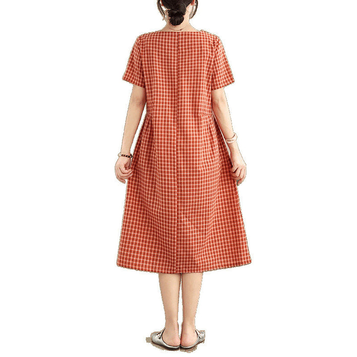 Buddha Stones Commute Plaid Pattern Einfaches Design Kurzarm-Midikleid aus Baumwolle und Leinen mit Taschen - image 6