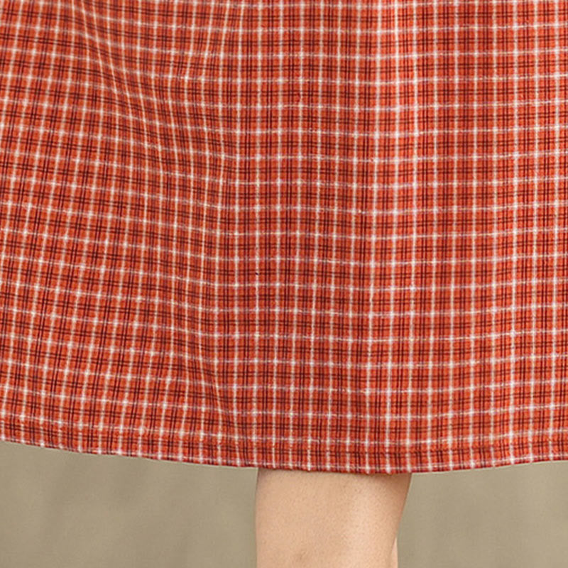 Buddha Stones Commute Plaid Pattern Einfaches Design Kurzarm-Midikleid aus Baumwolle und Leinen mit Taschen - image 11