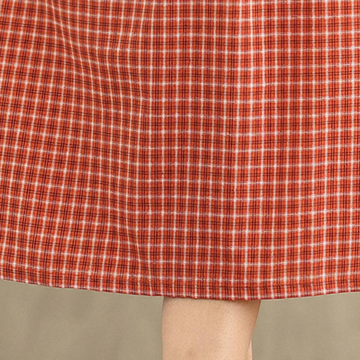 Buddha Stones Commute Plaid Pattern Einfaches Design Kurzarm-Midikleid aus Baumwolle und Leinen mit Taschen - image 11