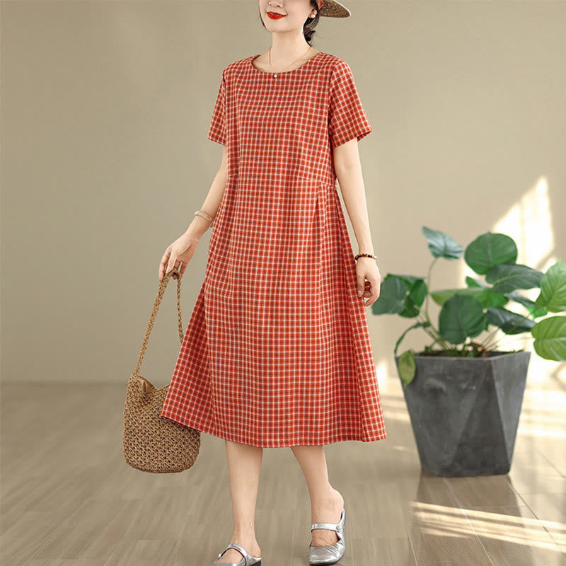 Buddha Stones Commute Plaid Pattern Einfaches Design Kurzarm-Midikleid aus Baumwolle und Leinen mit Taschen - image 3