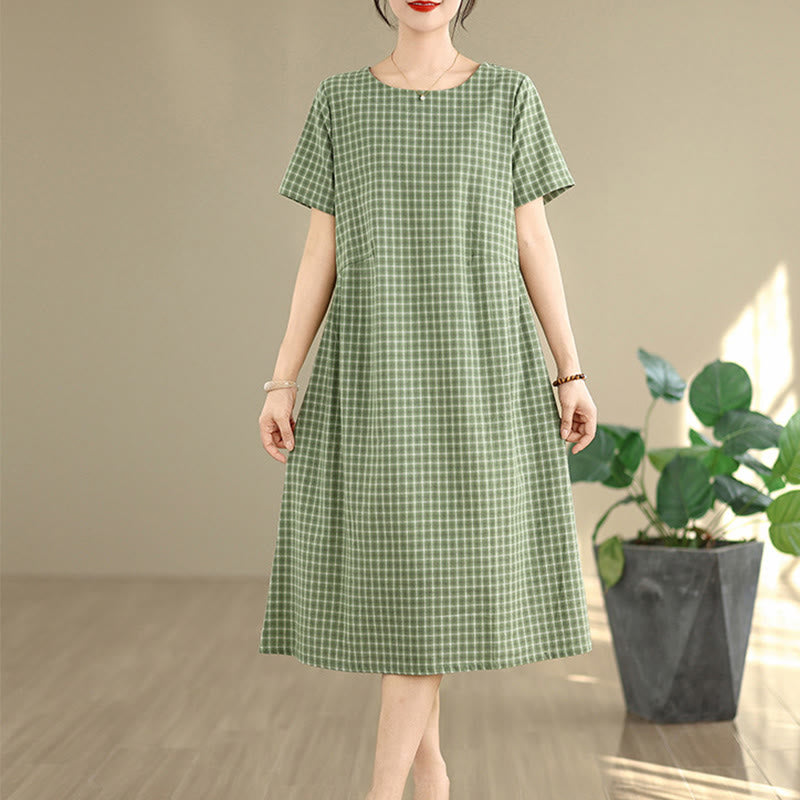 Buddha Stones Commute Plaid Pattern Einfaches Design Kurzarm-Midikleid aus Baumwolle und Leinen mit Taschen - image 16