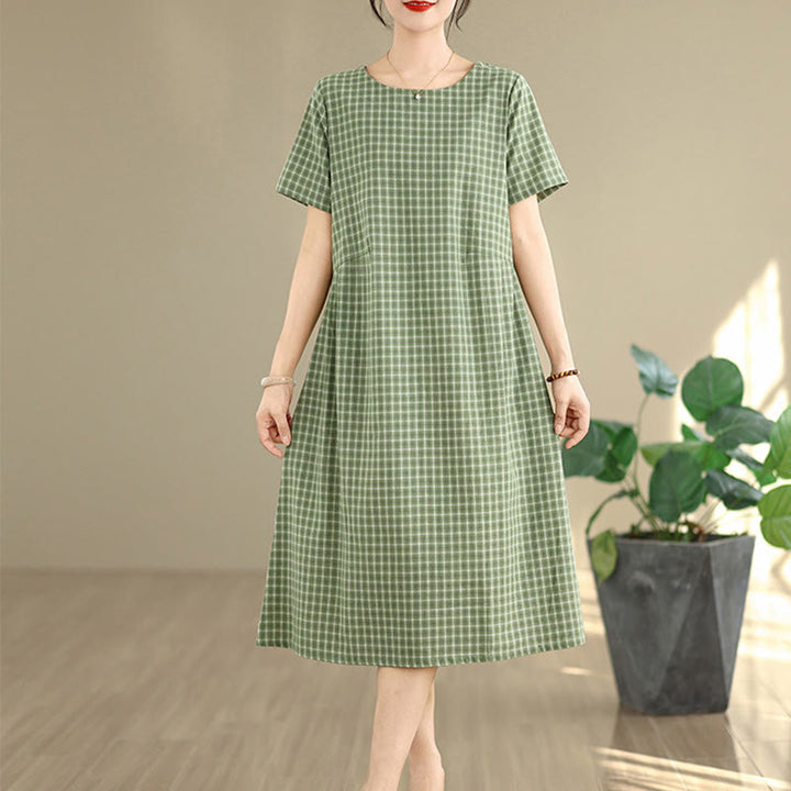 Buddha Stones Commute Plaid Pattern Einfaches Design Kurzarm-Midikleid aus Baumwolle und Leinen mit Taschen - image 16