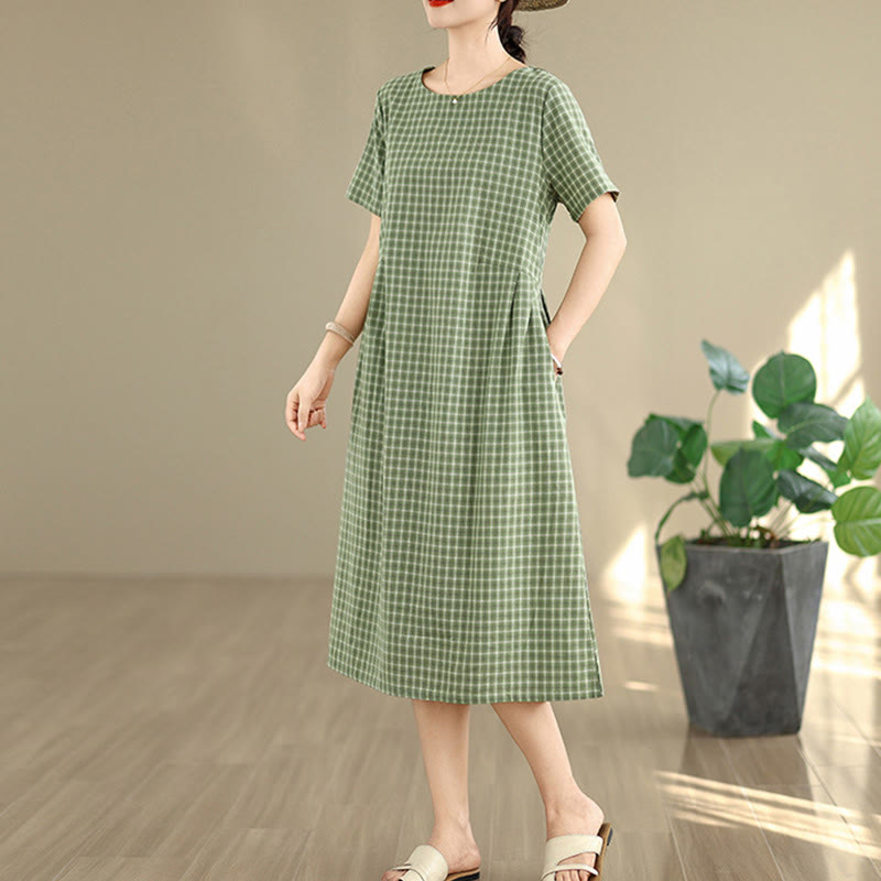Buddha Stones Commute Plaid Pattern Einfaches Design Kurzarm-Midikleid aus Baumwolle und Leinen mit Taschen - image 15