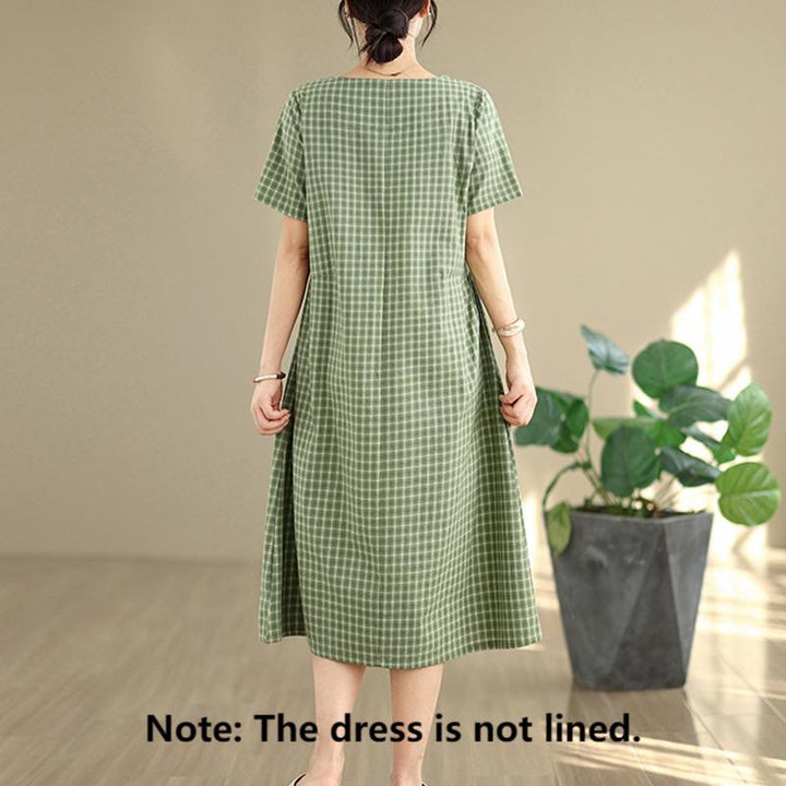Buddha Stones Commute Plaid Pattern Einfaches Design Kurzarm-Midikleid aus Baumwolle und Leinen mit Taschen - image 14
