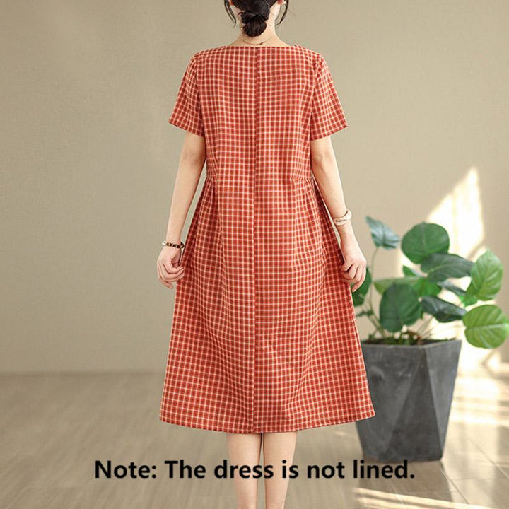 Buddha Stones Commute Plaid Pattern Einfaches Design Kurzarm-Midikleid aus Baumwolle und Leinen mit Taschen - image 1