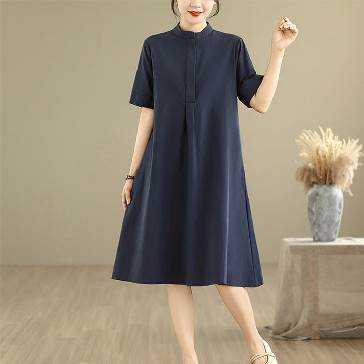 Buddha Stones Commute Plaid Pattern Schlichtes Design Halbarm-Midikleid aus Baumwolle mit Taschen - image 5