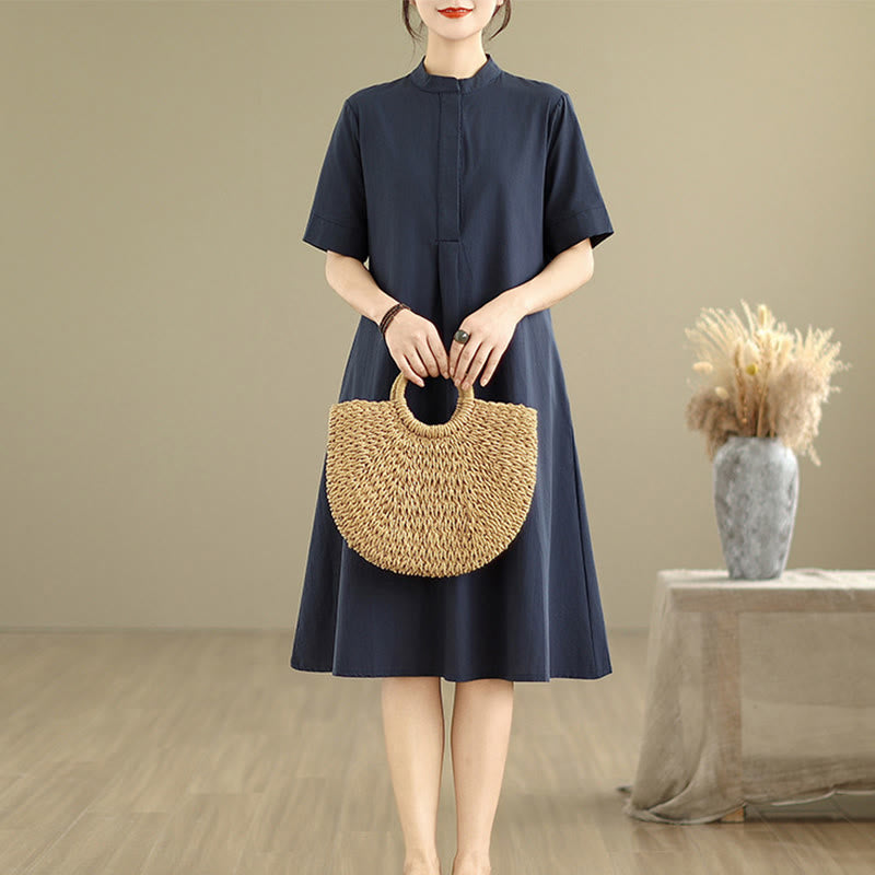 Buddha Stones Commute Plaid Pattern Schlichtes Design Halbarm-Midikleid aus Baumwolle mit Taschen - image 2