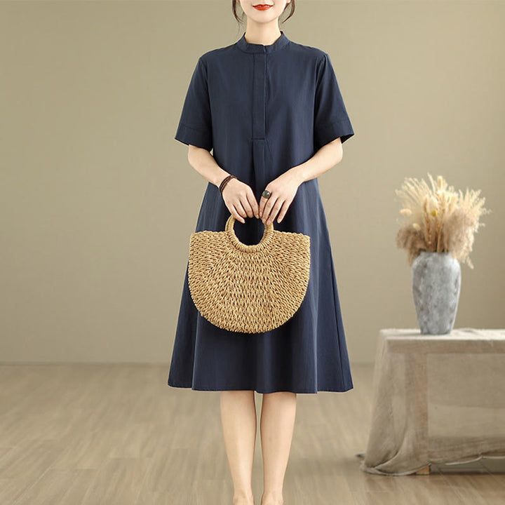 Buddha Stones Commute Plaid Pattern Schlichtes Design Halbarm-Midikleid aus Baumwolle mit Taschen - image 2