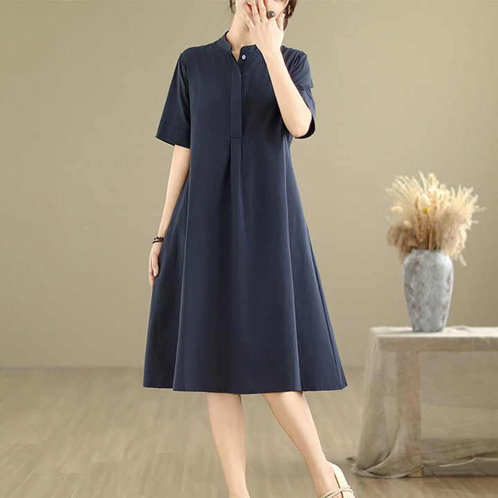 Buddha Stones Commute Plaid Pattern Schlichtes Design Halbarm-Midikleid aus Baumwolle mit Taschen - Mitternachtsblau - US 8-10, UK/AU 12-14, EU 40-42 (2XL) - image 0