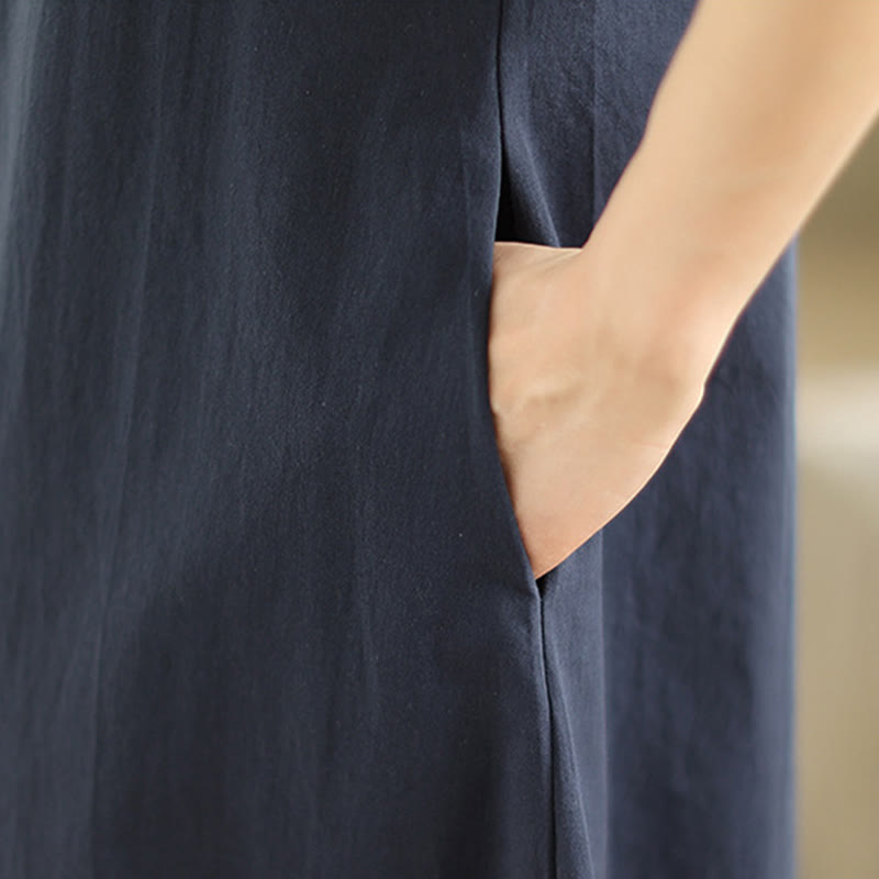 Buddha Stones Commute Plaid Pattern Schlichtes Design Halbarm-Midikleid aus Baumwolle mit Taschen - image 8