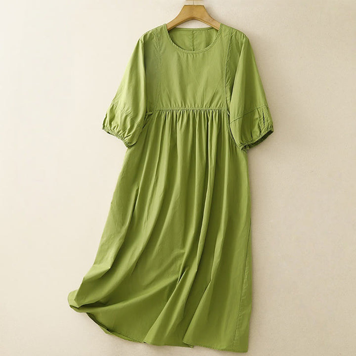 Buddha Stones – Vintage-Midikleid mit Schnürung und schlichtem Design aus Baumwolle und Leinen mit Dreiviertelärmeln und Puffärmeln und Taschen - GelbGrün - US12, UK/AU16,EU44 (2XL) - image 1