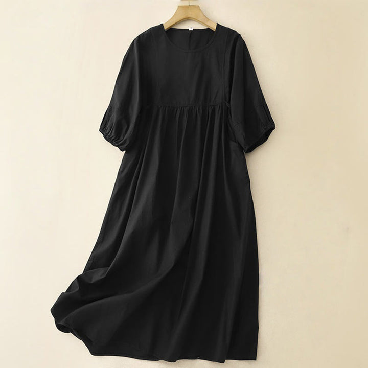 Buddha Stones – Vintage-Midikleid mit Schnürung und schlichtem Design aus Baumwolle und Leinen mit Dreiviertelärmeln und Puffärmeln und Taschen - Schwarz - US12， UK/AU16，EU44 (2XL) - image 7