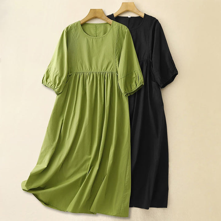 Buddha Stones – Vintage-Midikleid mit Schnürung und schlichtem Design aus Baumwolle und Leinen mit Dreiviertelärmeln und Puffärmeln und Taschen - image 9
