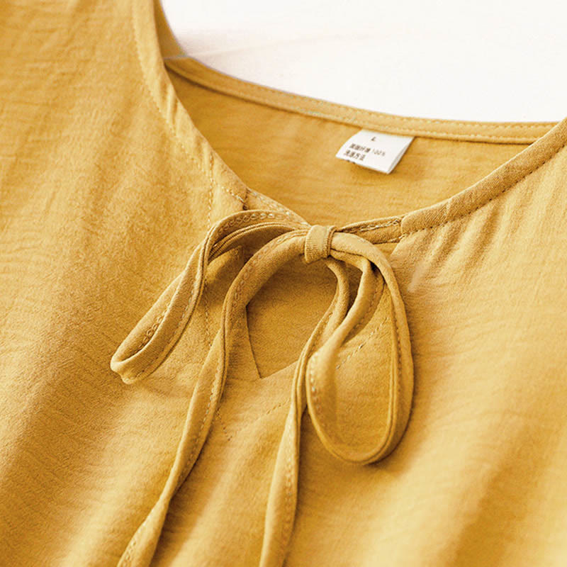 Buddha Stones Lässiges, schlichtes, handgefertigtes Midikleid mit Schnürung, ärmelloses Kleid aus Baumwollleinen mit Taschen - image 12