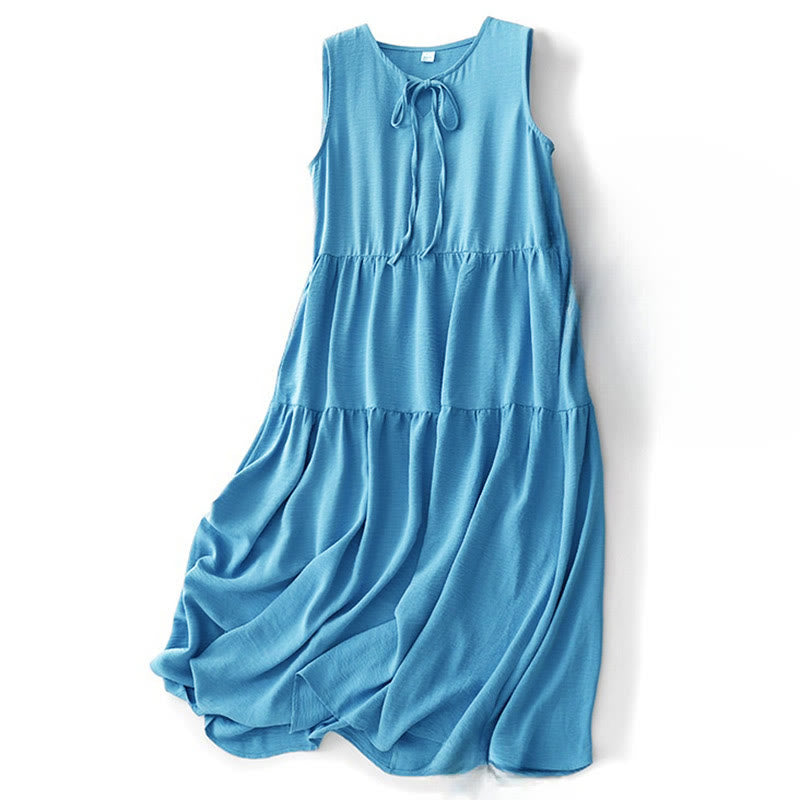 Buddha Stones Lässiges, schlichtes, handgefertigtes Midikleid mit Schnürung, ärmelloses Kleid aus Baumwollleinen mit Taschen - Stahlblau - US8-10， UK/AU12-14，EU40-42 (2XL) - image 0