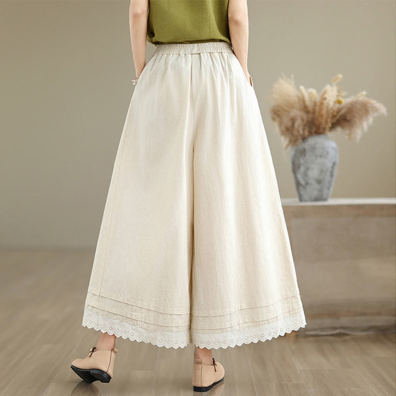 Buddha Stones Commute Simple Lace Design 7-8 Length Damen-Baumwollhose mit weitem Bein und Taschen - image 1
