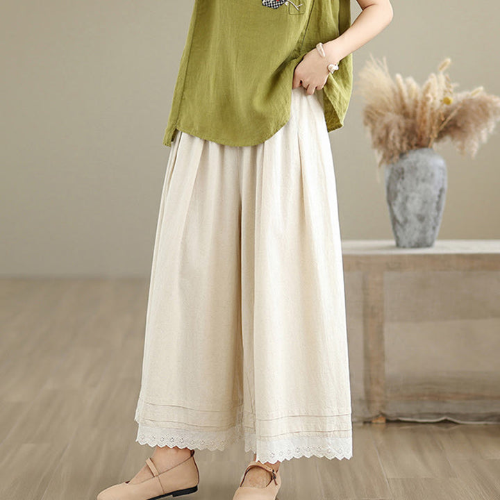 Buddha Stones Commute Simple Lace Design 7-8 Length Damen-Baumwollhose mit weitem Bein und Taschen - image 2