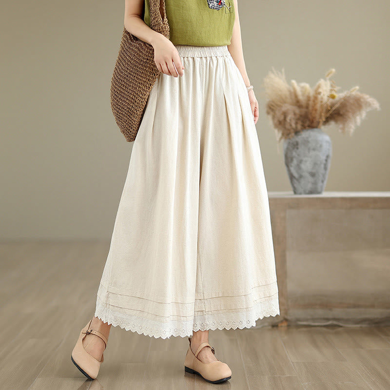 Buddha Stones Commute Simple Lace Design 7-8 Length Damen-Baumwollhose mit weitem Bein und Taschen - Beige - US6, UK/AU10, EU38 (XL) - image 0