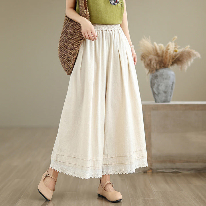 Buddha Stones Commute Simple Lace Design 7-8 Length Damen-Baumwollhose mit weitem Bein und Taschen - Beige - US6, UK/AU10, EU38 (XL) - image 0